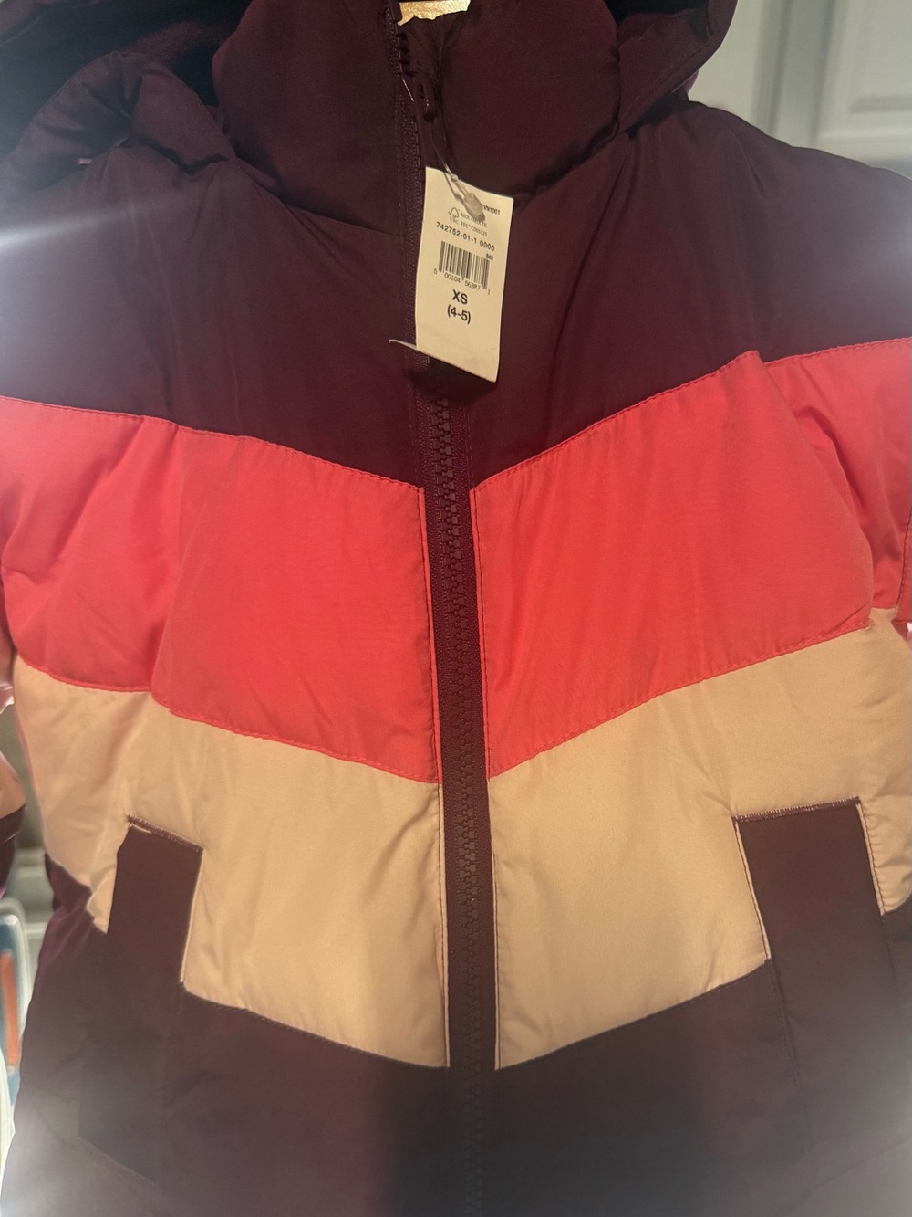 GAP Colorblock Puffer Jacket in Burgundy, Coral & Cream